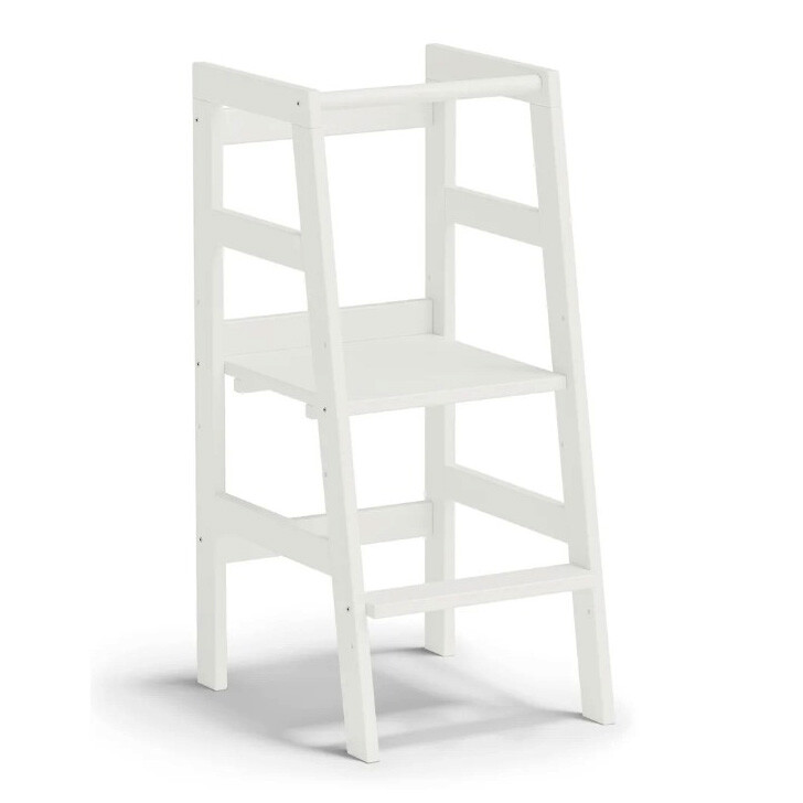 Learning tower, step 3-way height adjustable, white lacquered, solid pine wood