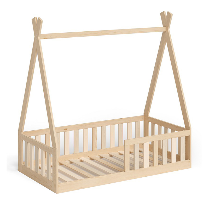 Floor bed 70x140 cm, natural varnished, solid pine, including roll-up slatted frame