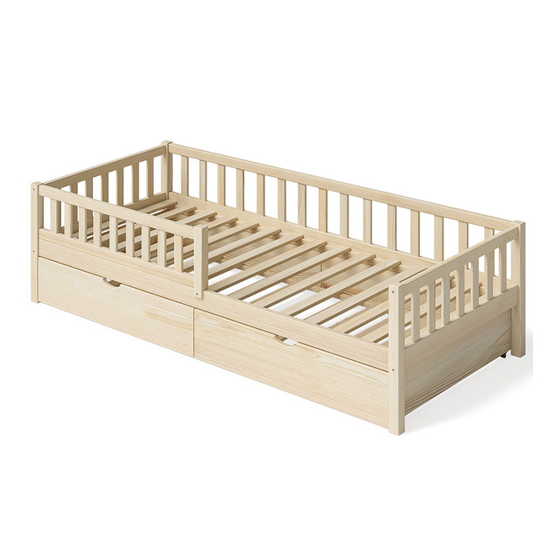 Children's bed including guest bed and fall protection, solid pine, natural varnished, 90x200 cm