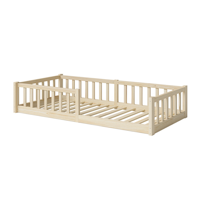 Floor bed 90x200 cm, natural, solid pine, including slatted frame and fall protection