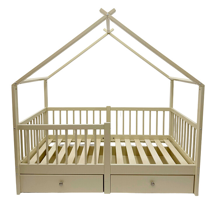 Children's bed,Baby house tent bed with 2 drawers,solid pine,cream-coloured,including roll-up slatted frame