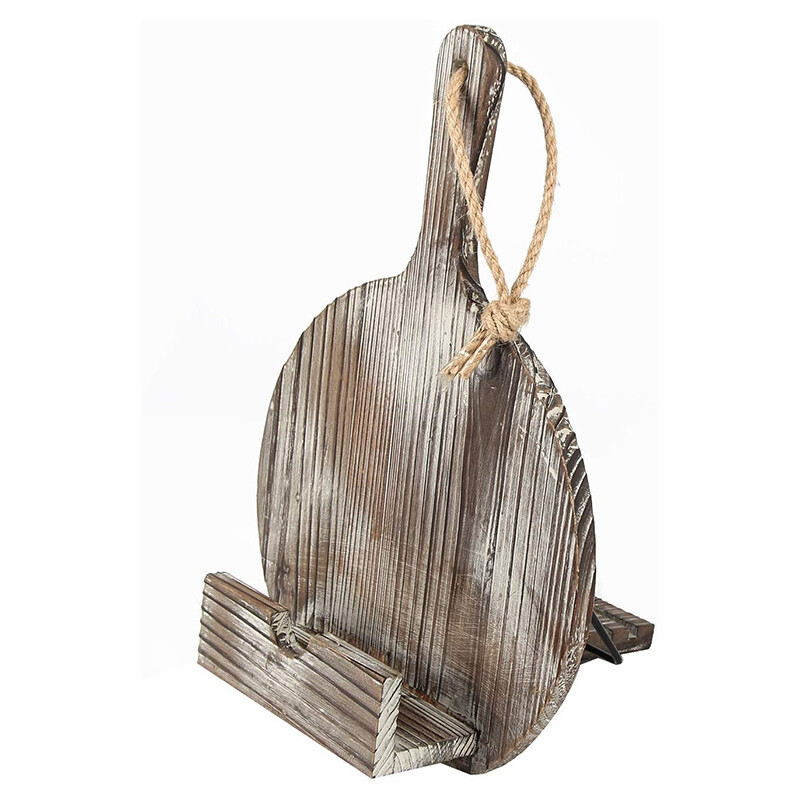 DESIGN Round Frying Pan Shaped Rustic Cookbook Stand Holder Desk Reading with 3 Adjustable Height Foldable Portable Kitchen Wooden Cooking