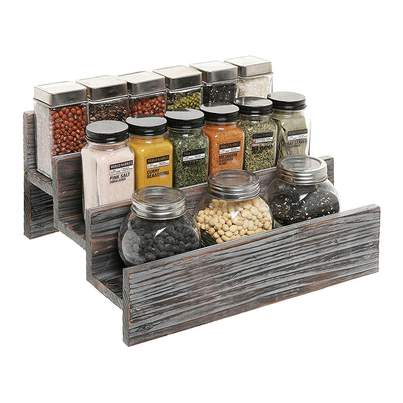 Rustic Style 3 Tier Stair Step Design Distressed Wood Spice Rack Jar Storage Organizer Shelf