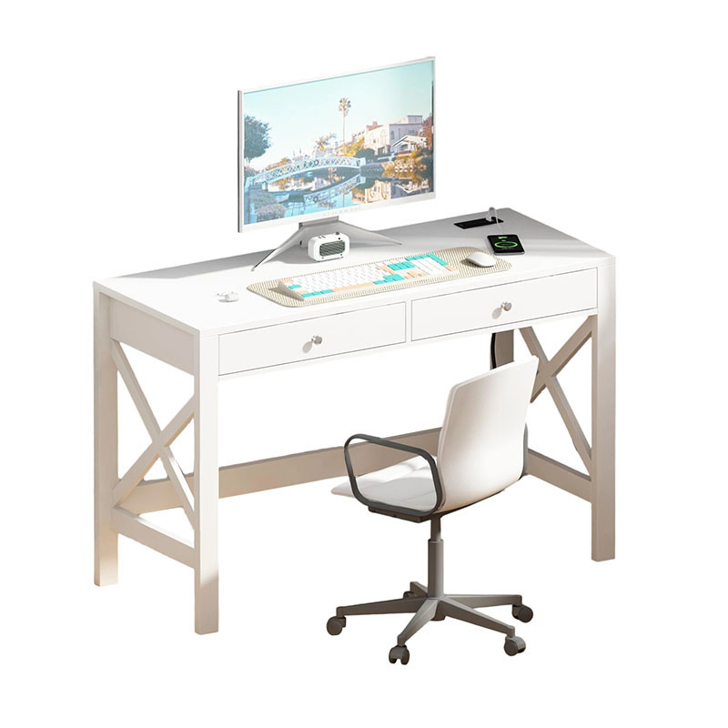 Computer Desk with USB Charging Ports and Power Outlets, White Desk with Drawers, Small Study Writing Table with Stable X Frame for Home Office