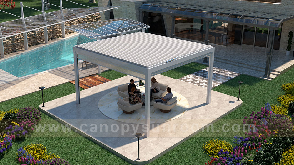 Outdoor louvered shutter roofing pergola