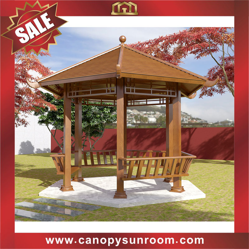 Chinese antique style garden courtyard backyard aluminum wood look canopy shelter pavilion gazebo