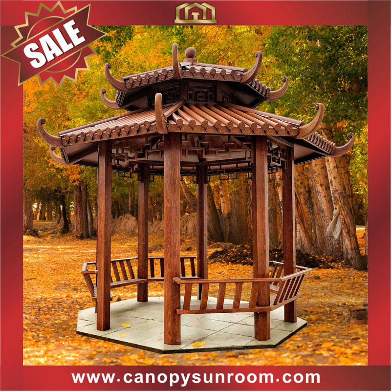 Chinese antique style outdoor aluminum wood look canopy shelter pavilion gazebo 