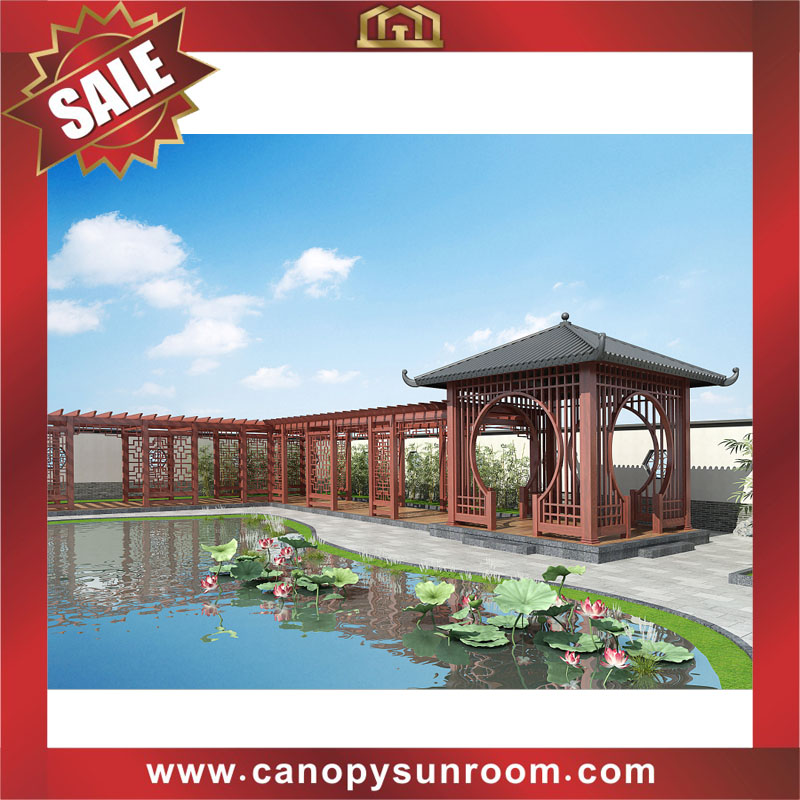 outdoor Chinese style aluminum wood look sun rain canopy awning shelter gazebo pavilion for sales
