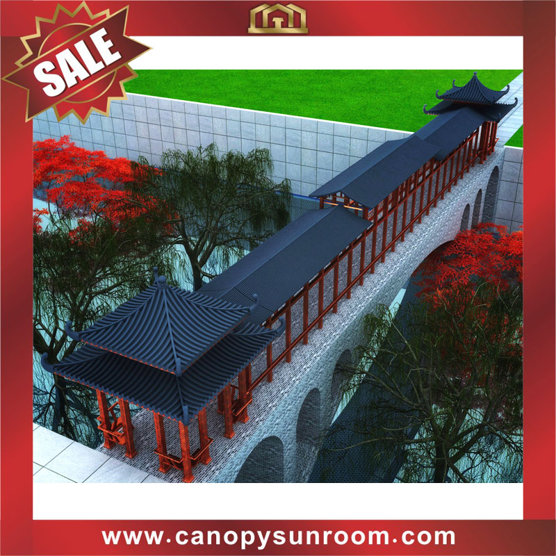 Chinese antique aluminum wood look sunshade rain canopy awning shelter gazebo pavilion