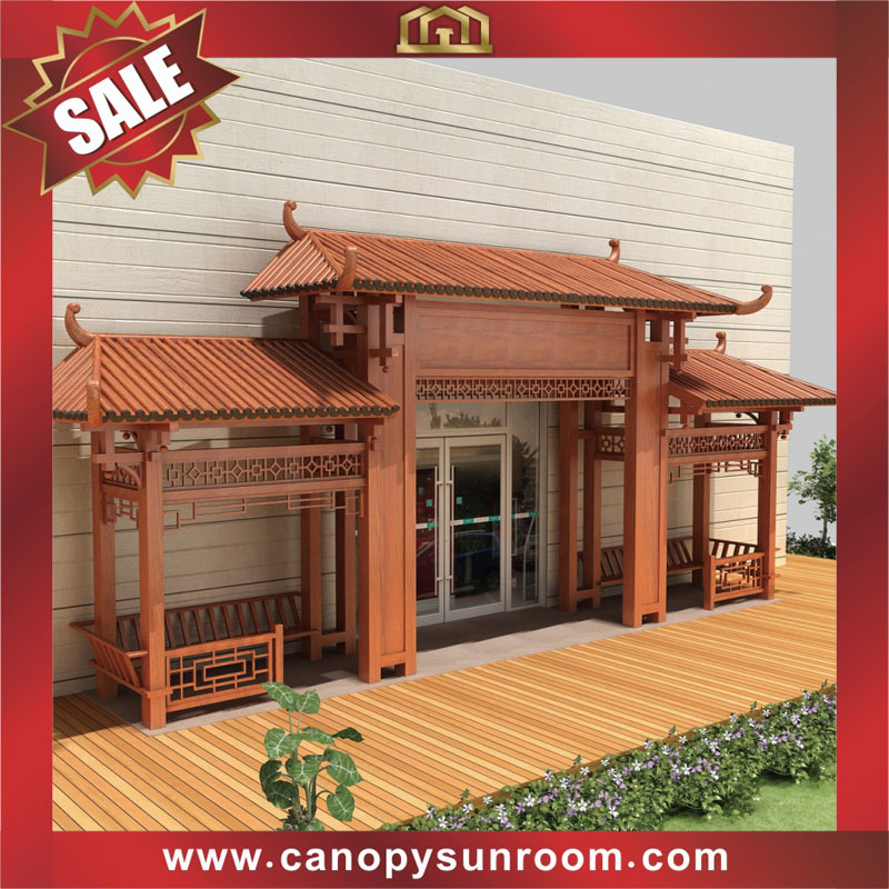 Chinese antique aluminum wood look sunshade rain canopy awning shelter gazebo pavilion