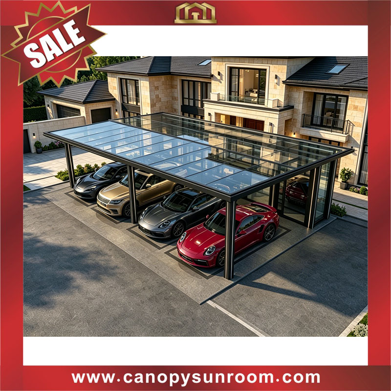 Outdoor high end luxury villa house backyard aluminium glass park multiple cars shelter canopy carport garage 