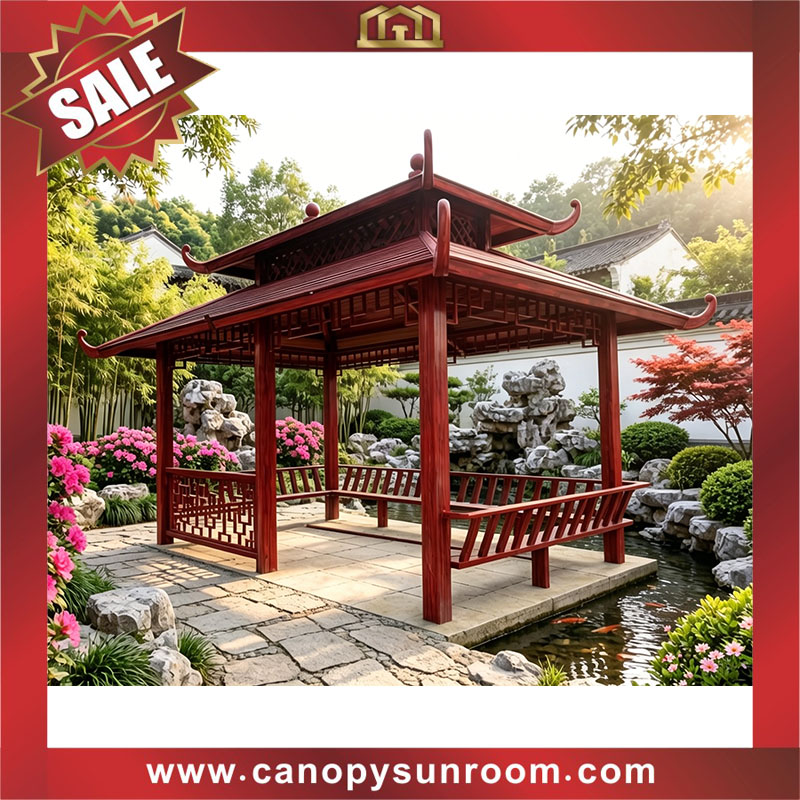 Chinese antique design outdoor aluminum wood look canopy awning shelter gazebo pavilion for sale