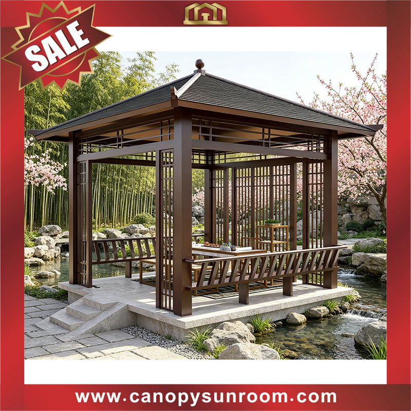 Chinese antique design outdoor aluminum wood look canopy awning shelter gazebo pavilion for sale