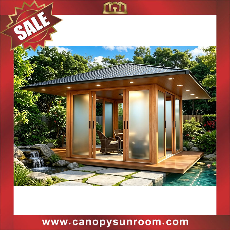 Courtyard backyard outdoor aluminum wood look pavilion gazebo enclosure tiny house cabin shed for sale