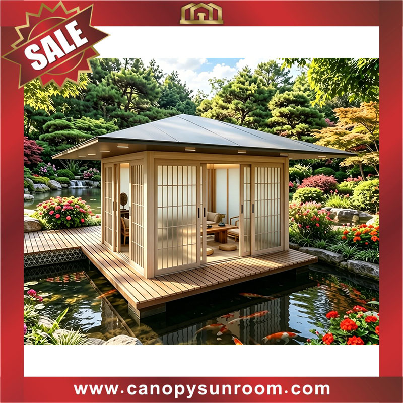 backyard outdoor Japanese style aluminum wood look pavilion gazebo enclosure tiny house cabin shed for sales