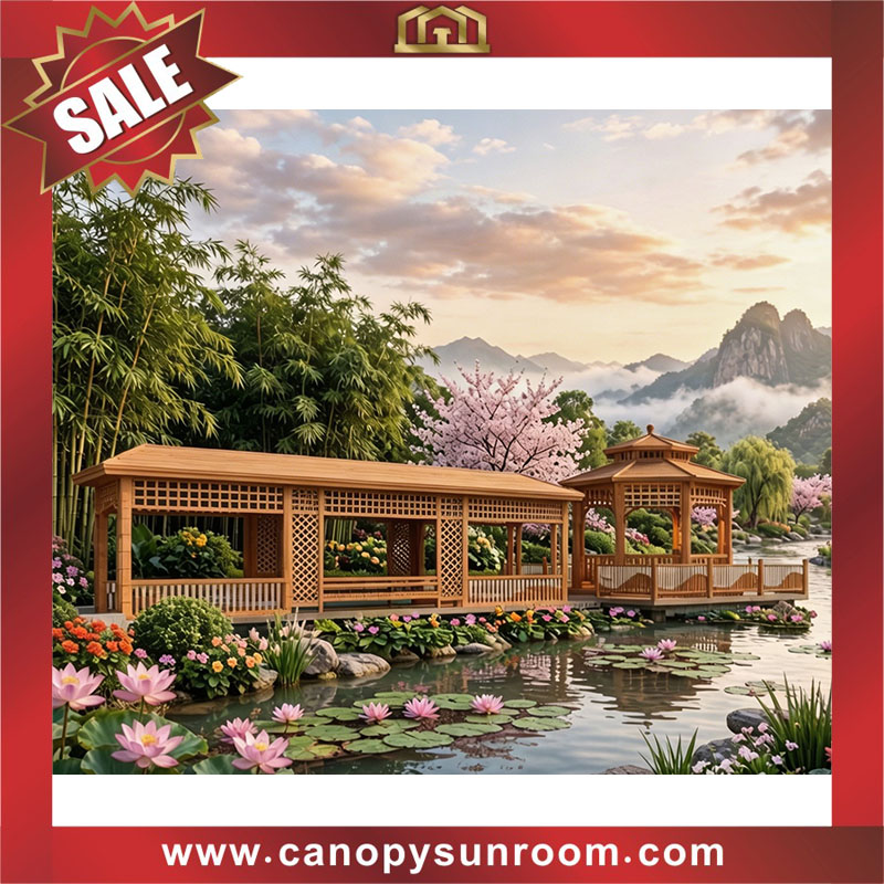 Chinese antique style outdoor aluminum wood look canopy shelter pavilion gazebo 