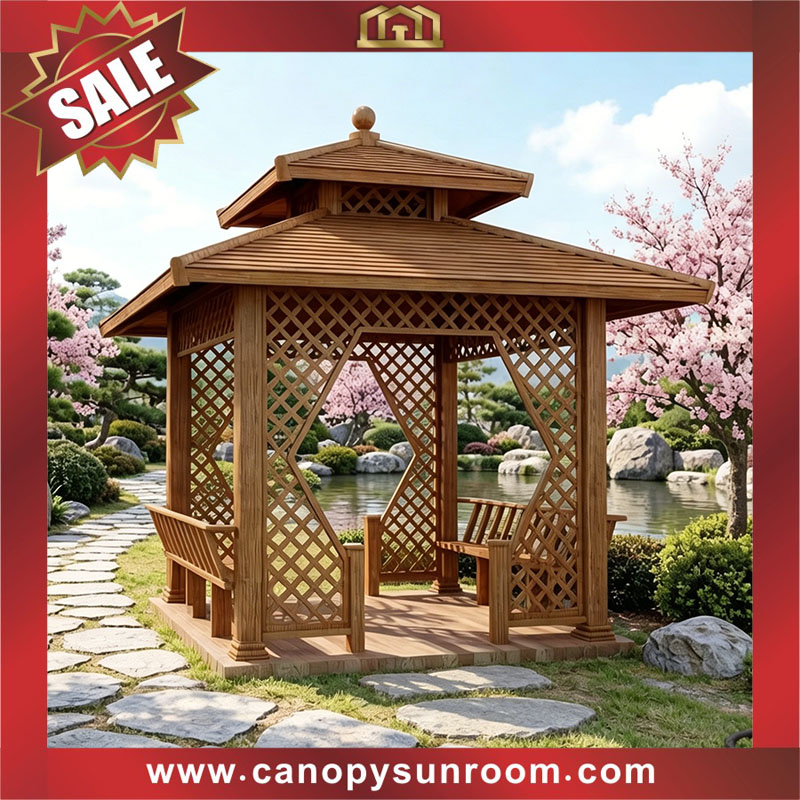 Chinese classical style garden courtyard backyard outdoor aluminum wood look canopy shelter gazebo pavilion