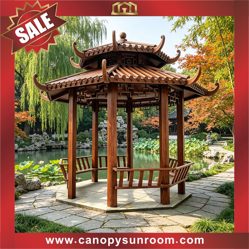 Chinese antique style outdoor aluminum wood look canopy shelter pavilion gazebo 