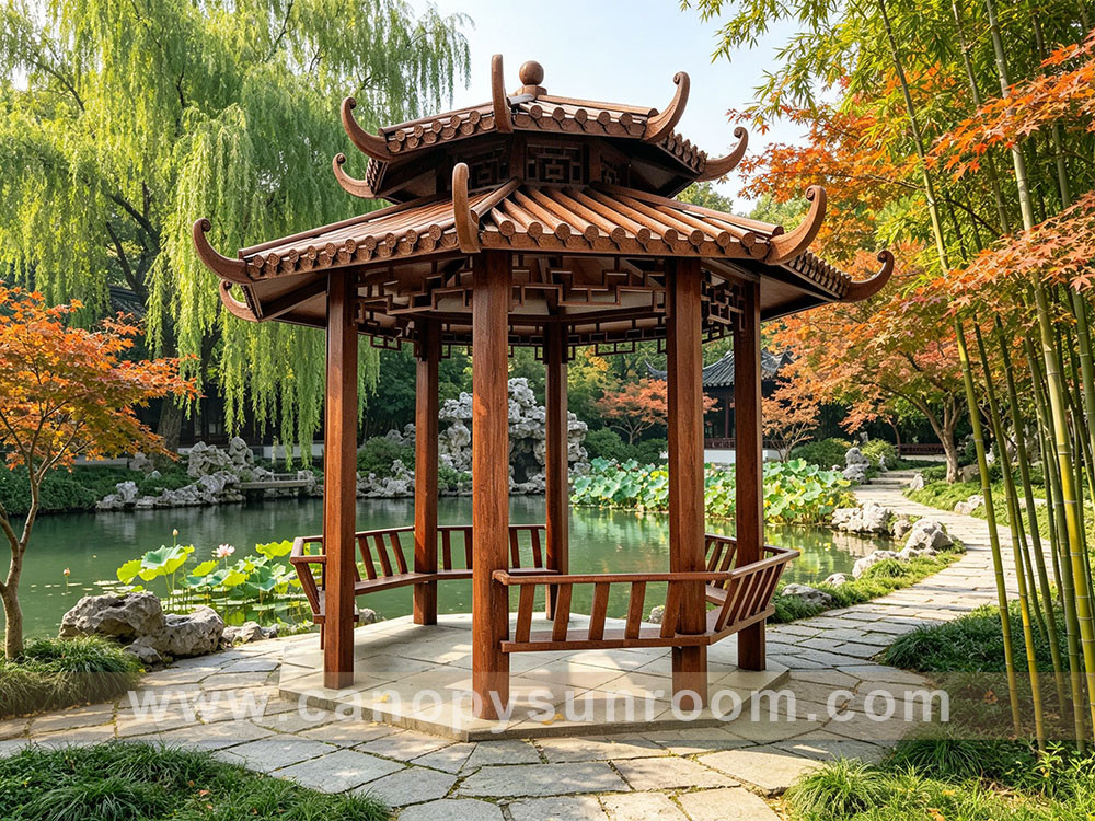 Chinese antique style aluminum wood look gazebo pavilion canopy shelter Chinese antique style aluminum wood look gazebo pavilion canopy shelter