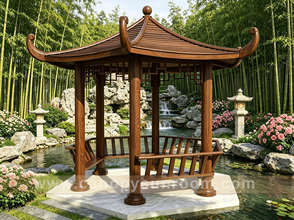 Chinese antique style aluminum wood look shelter gazebo pavilion Chinese antique style aluminum wood look shelter gazebo pavilion