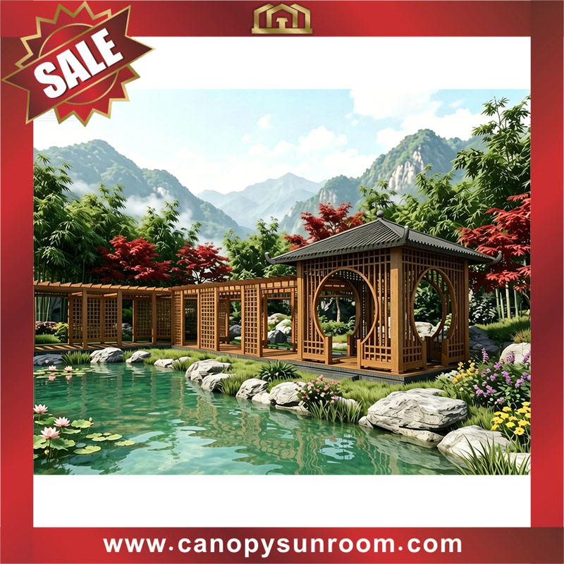 Outdoor classical Chinese style aluminum wood look shelter gateway entrance