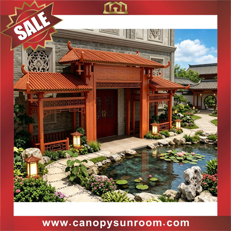 Outdoor classical Chinese style aluminum wood look shelter gateway entrance