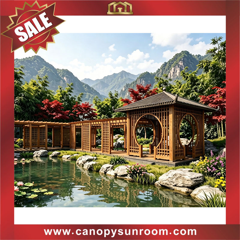 outdoor Chinese style aluminum wood look sun rain canopy awning shelter gazebo pavilion for sales