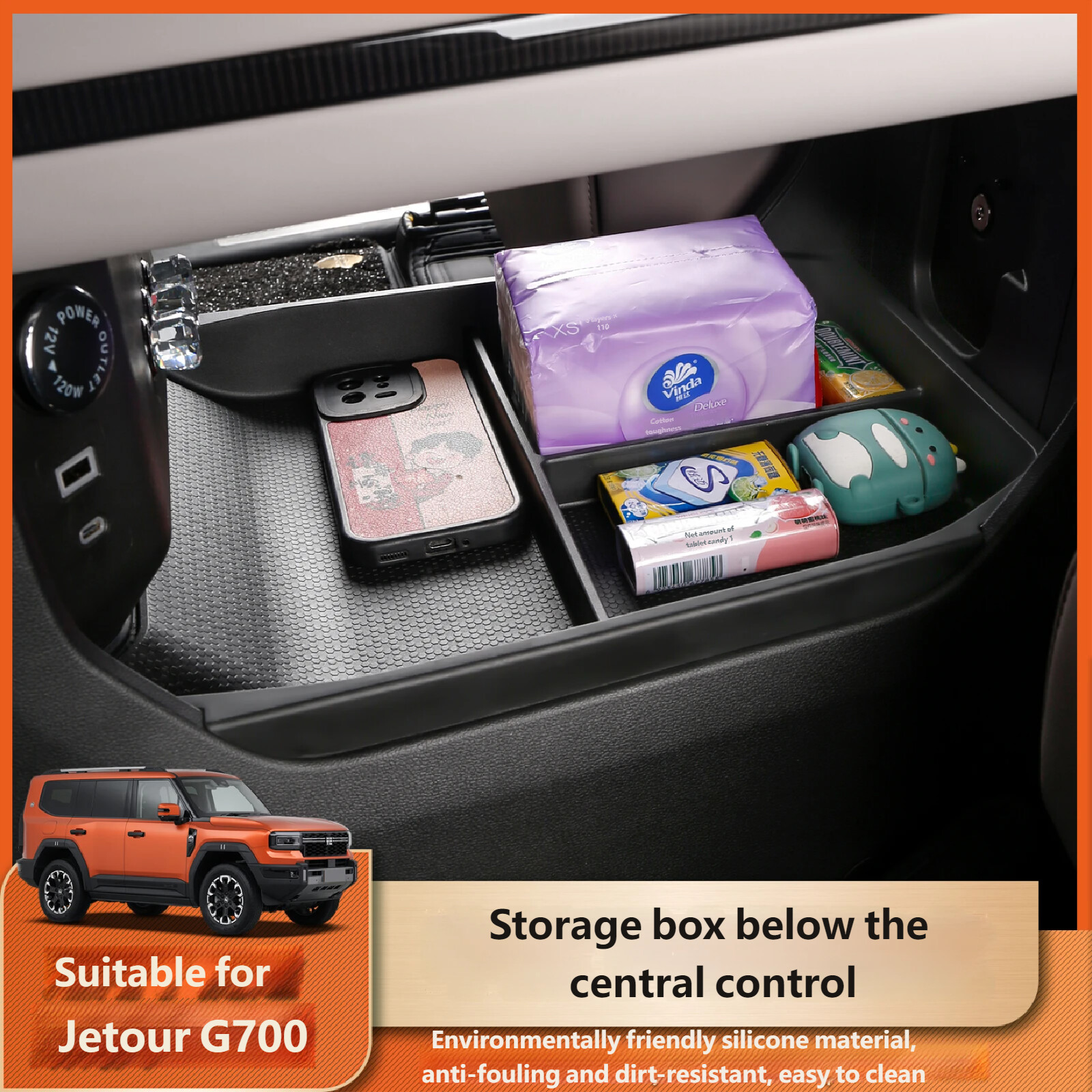 The storage compartment below the central control panel, model A