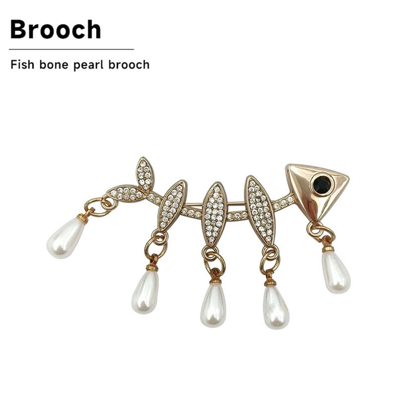 Fish bone pearl brooch