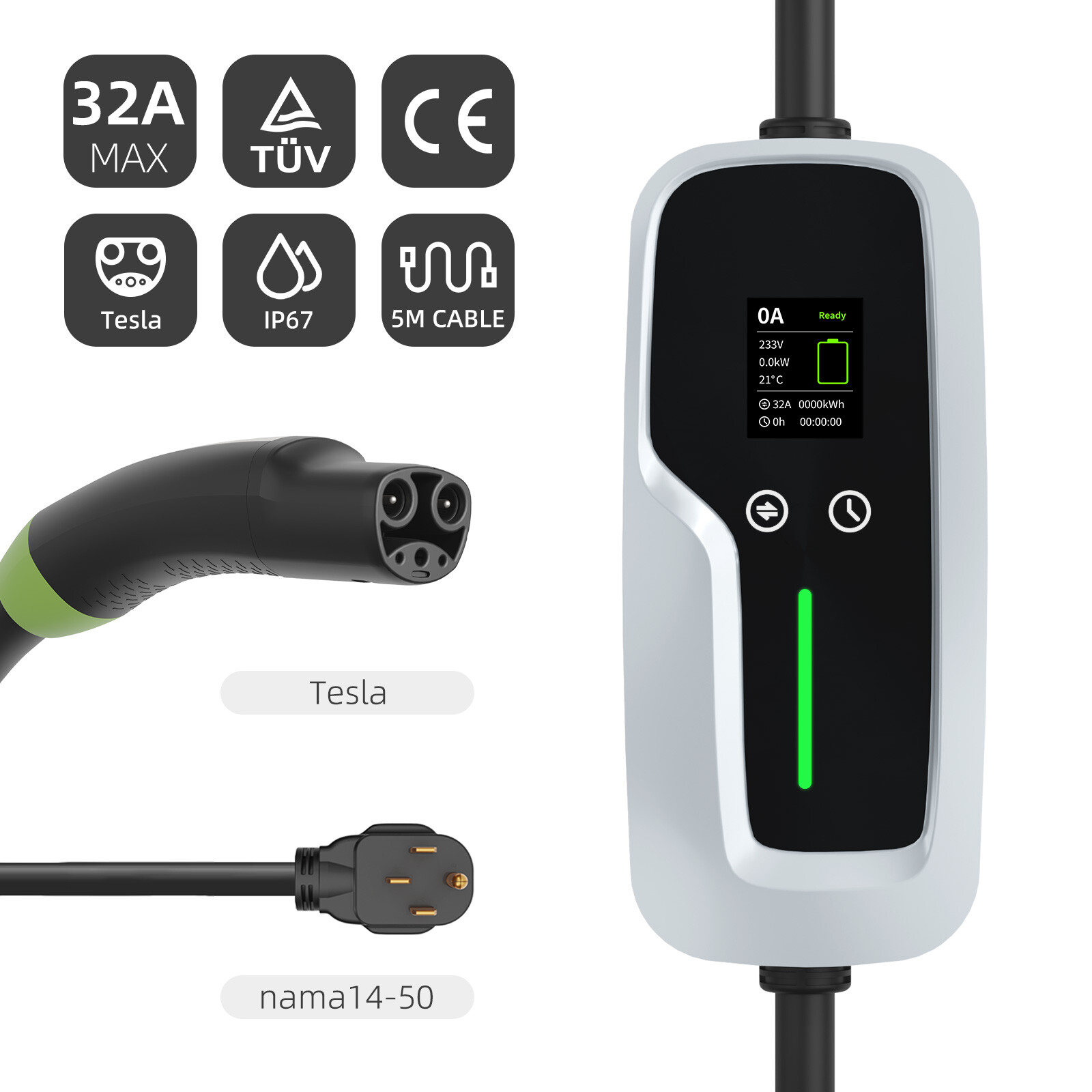 NACS Portable EV Charger 9.6kw with LCD Screen