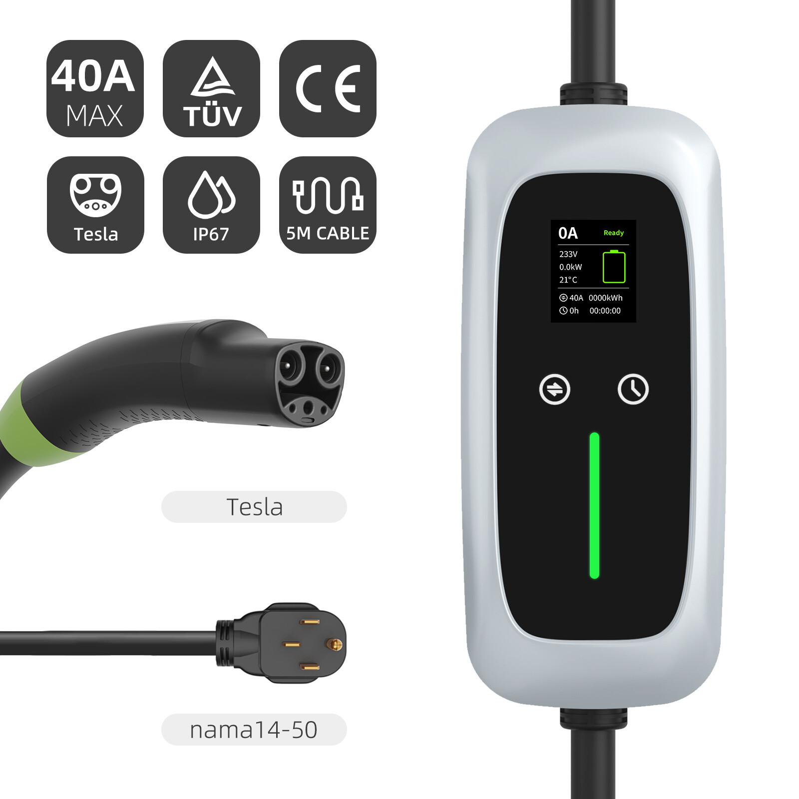 NACS Portable EV Charger 9.6kw with LCD Screen