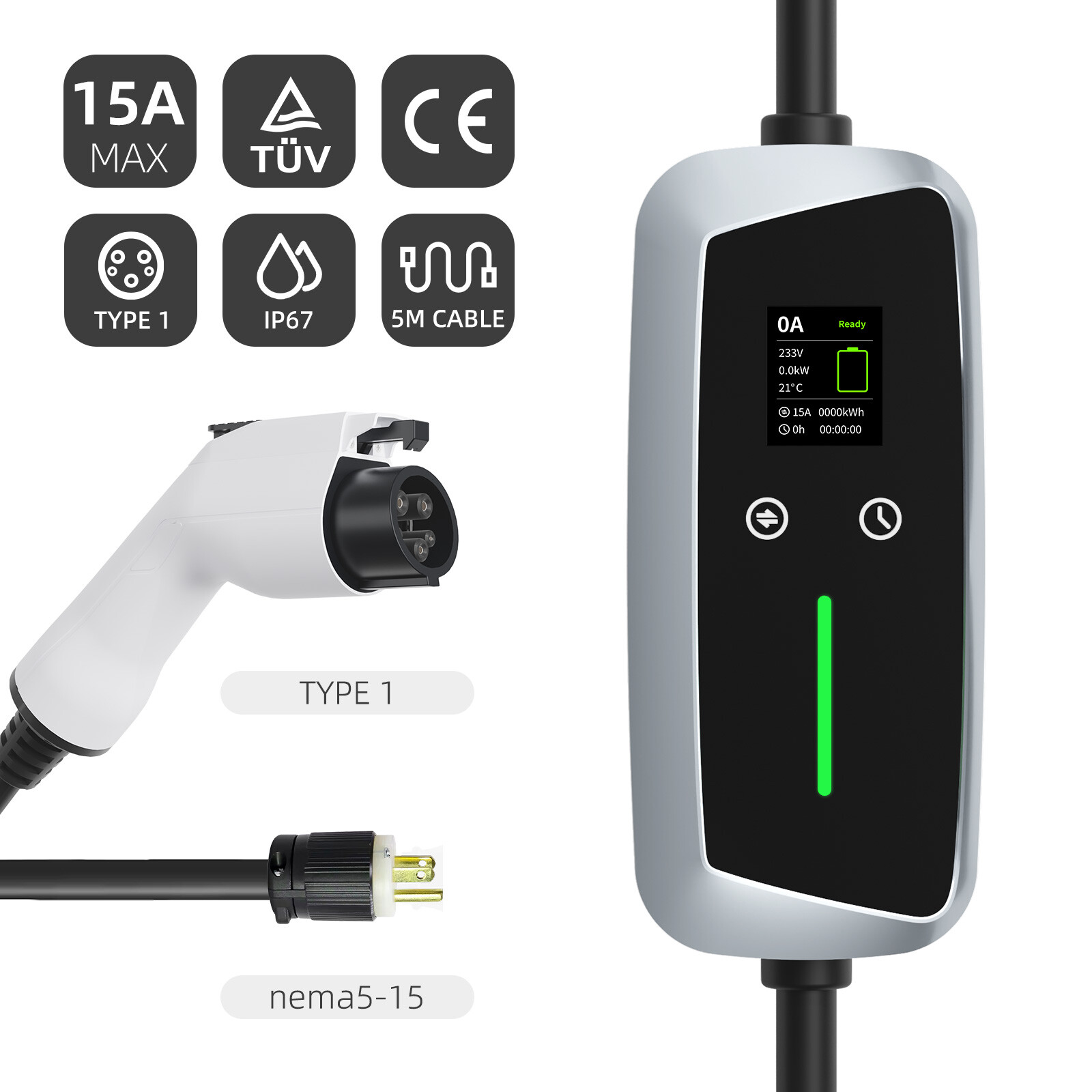 Type 1 Portable EV Charger 7.4kw with LCD Screen