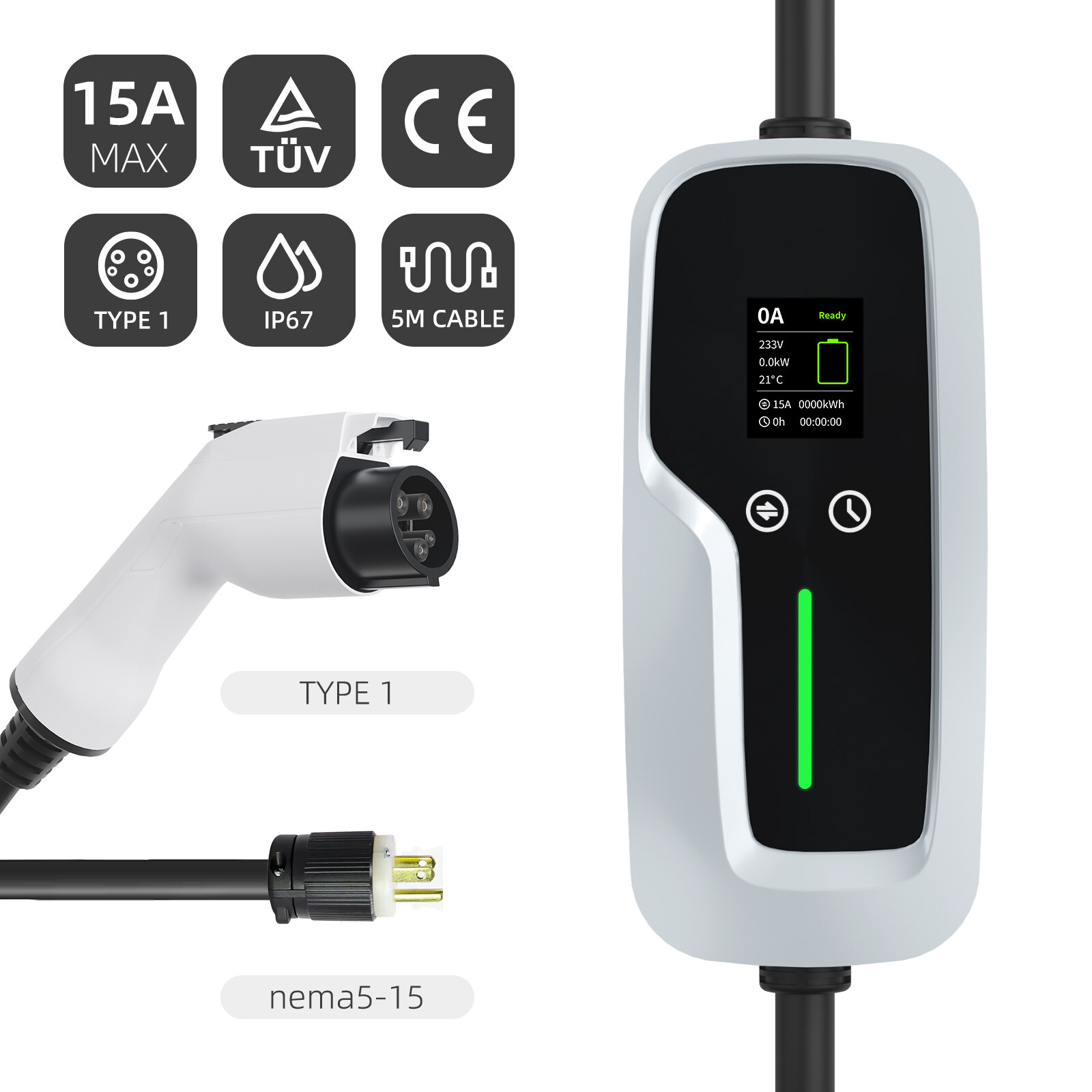 Type 1 Portable EV Charger 7.4kw with LCD Screen