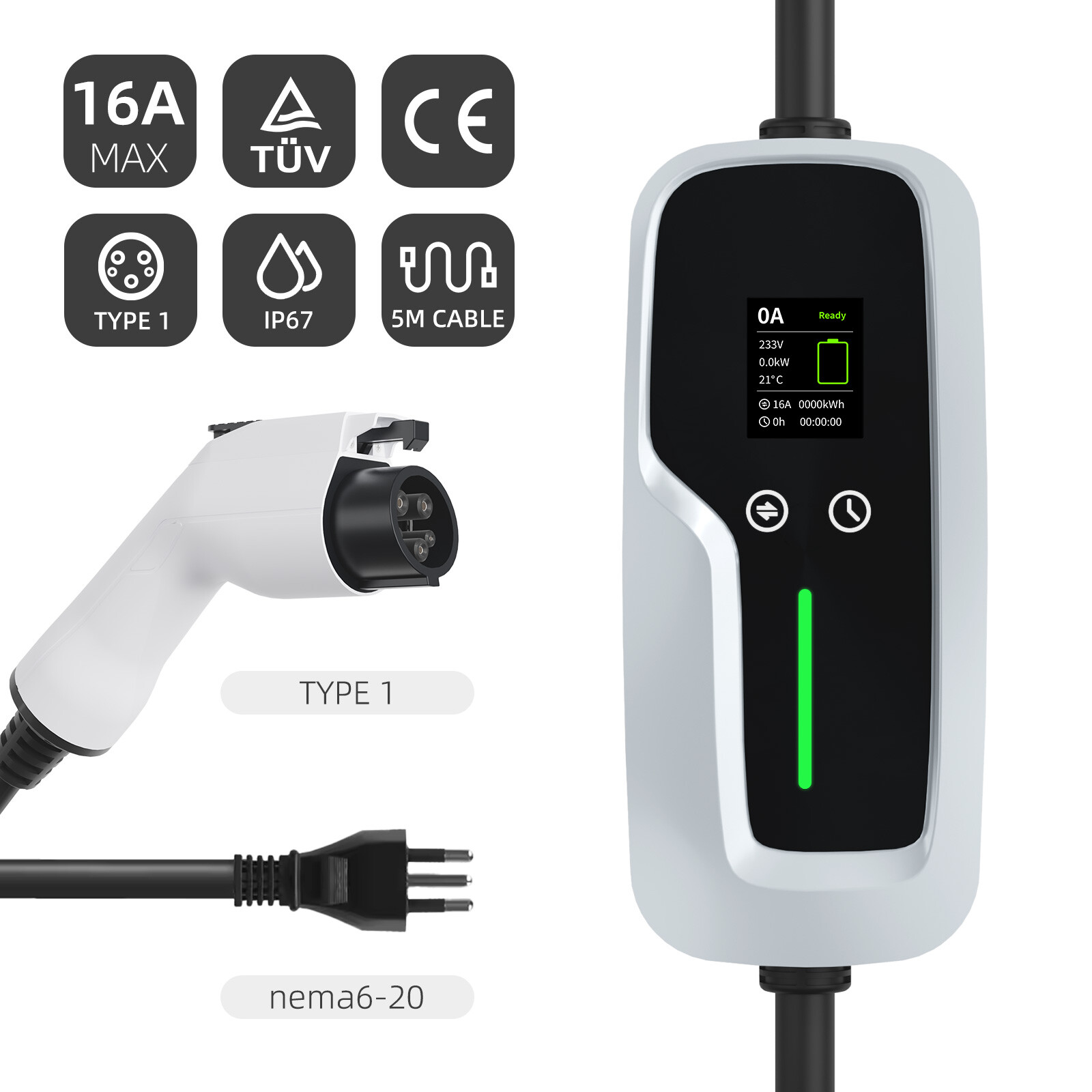 Type 1 Portable EV Charger 7.4kw with LCD Screen