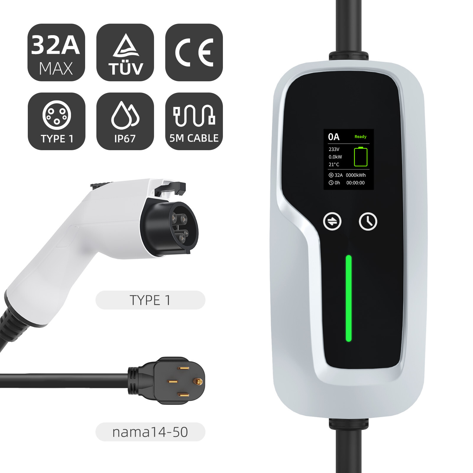 Type 1 Portable EV Charger 7.4kw with LCD Screen