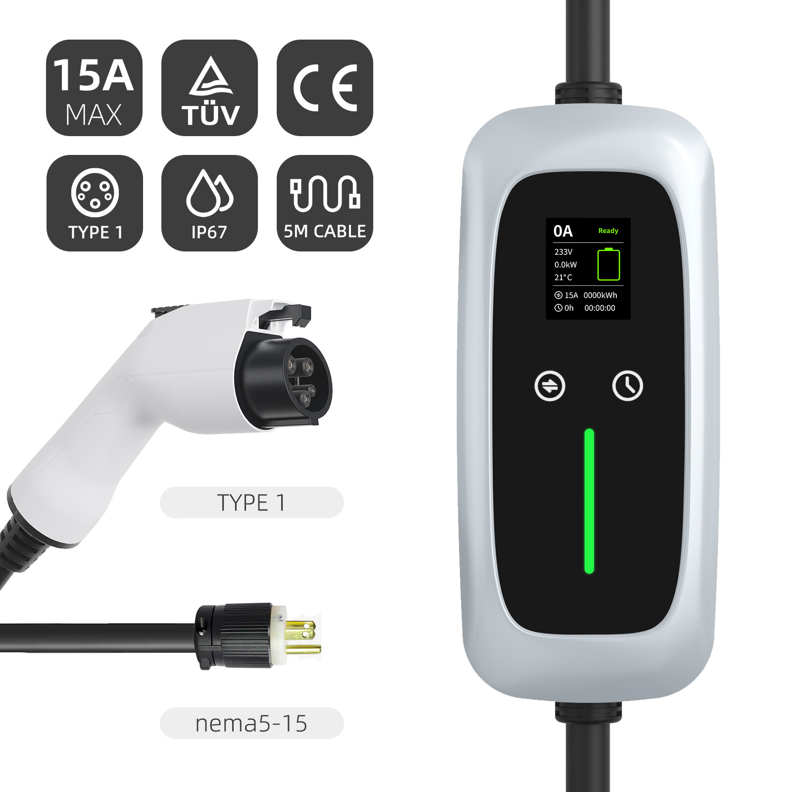 Type 1 Portable EV Charger 7.4kw with LCD Screen