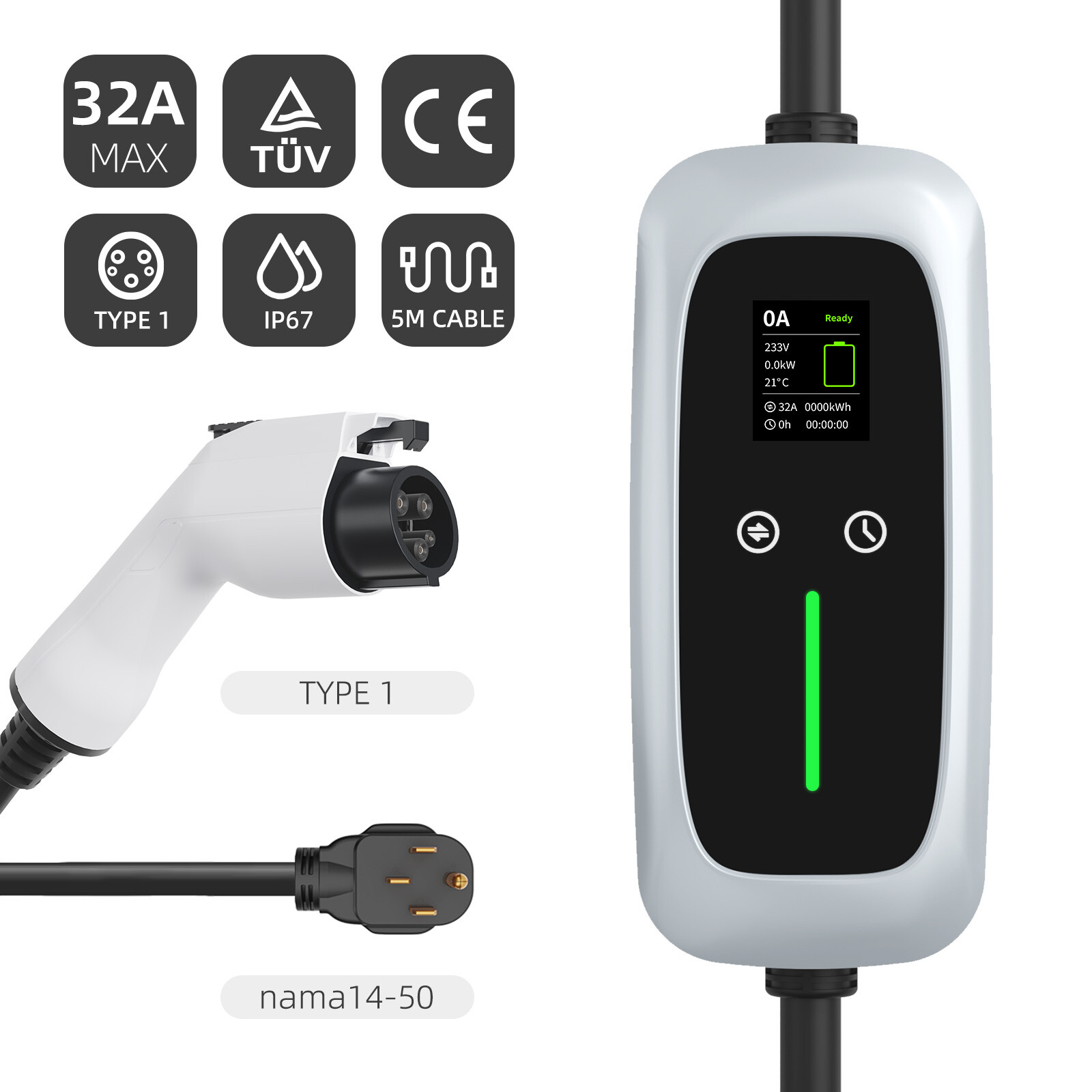 Type 1 Portable EV Charger 7.4kw with LCD Screen