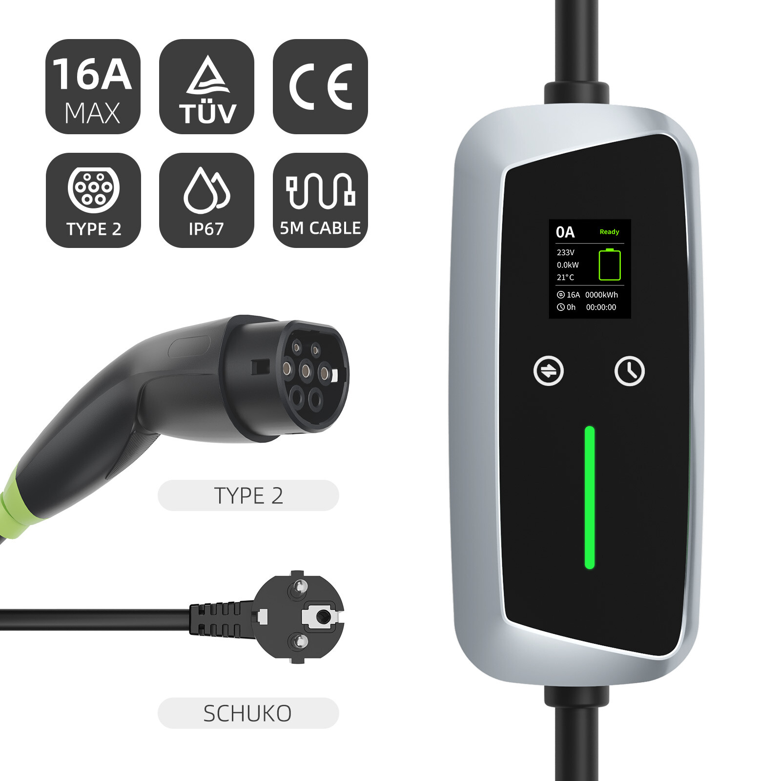 Type 2 Portable EV Charger 7.4kw with LCD Screen