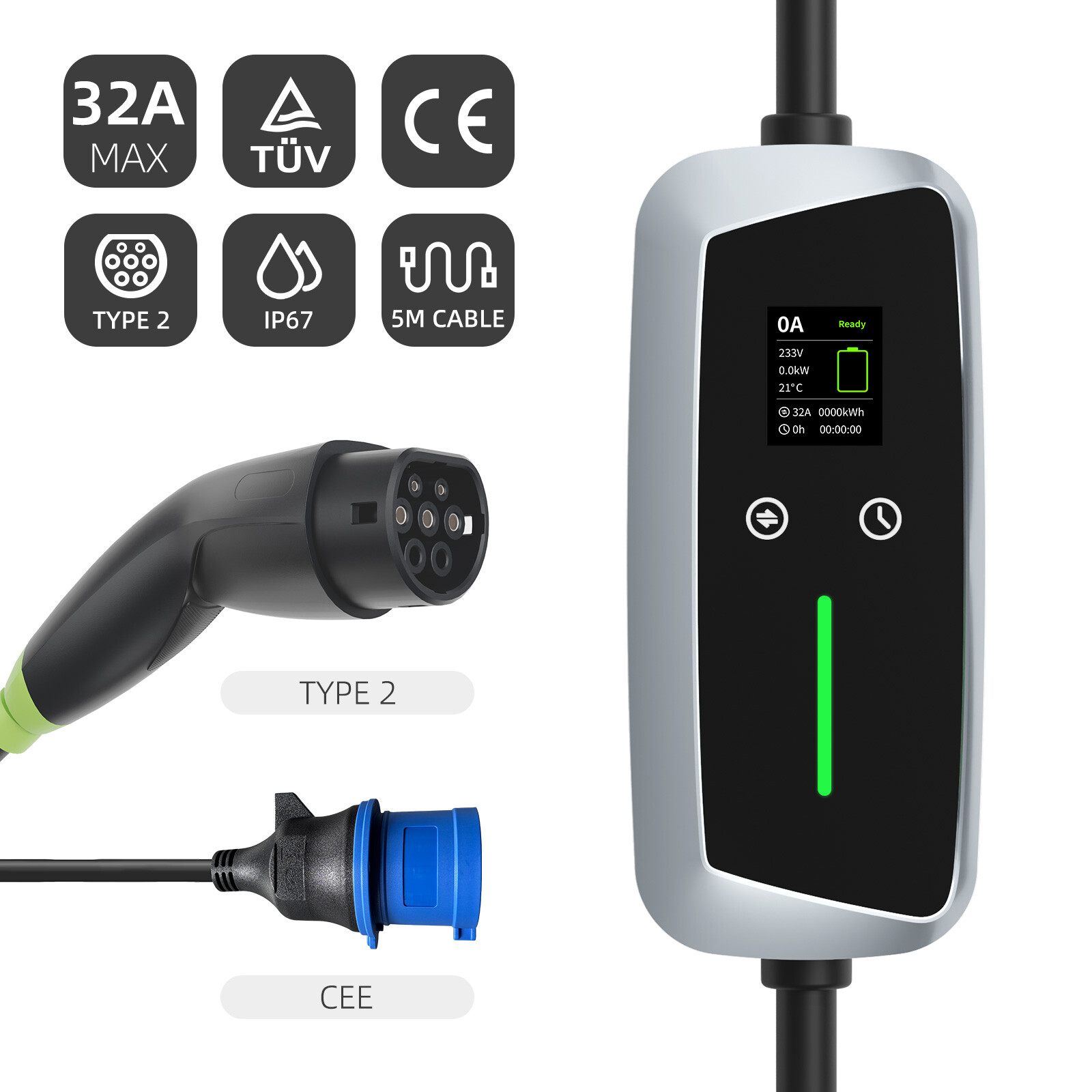 Type 2 Portable EV Charger 7.4kw with LCD Screen