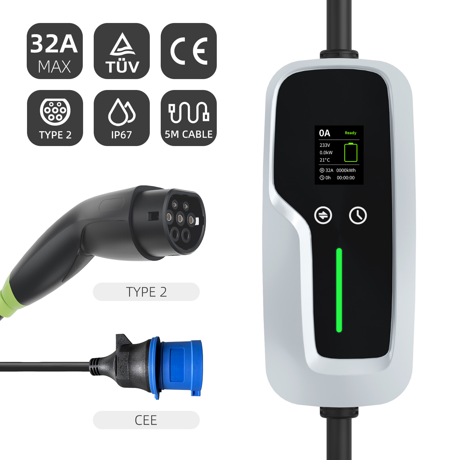 Type 2 Portable EV Charger 7.4kw with LCD Screen