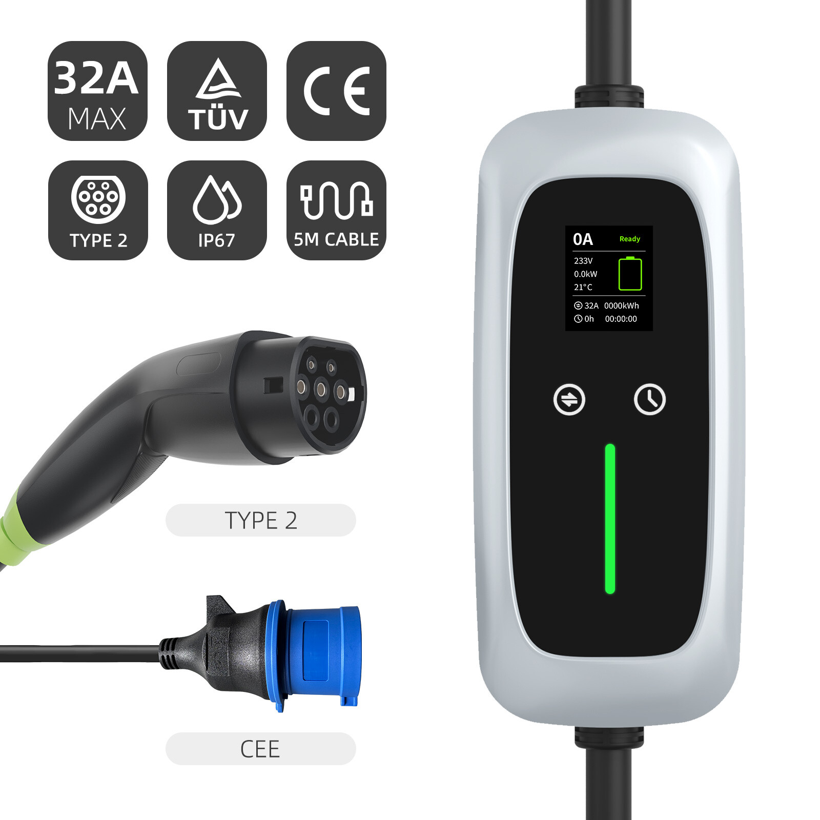 Type 2 Portable EV Charger 7.4kw with LCD Screen