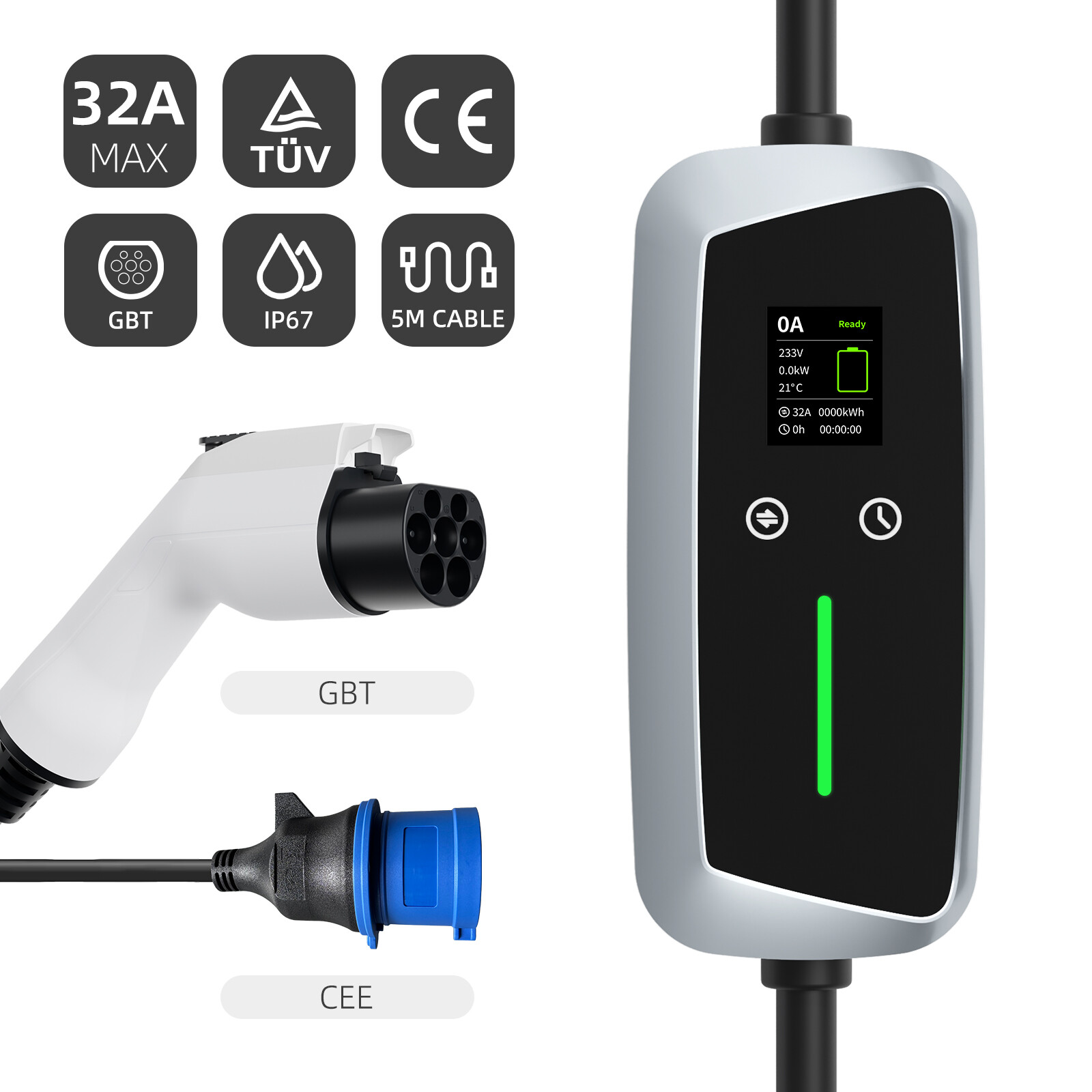 GBT Portable EV Charger 7.4kw with LCD Screen