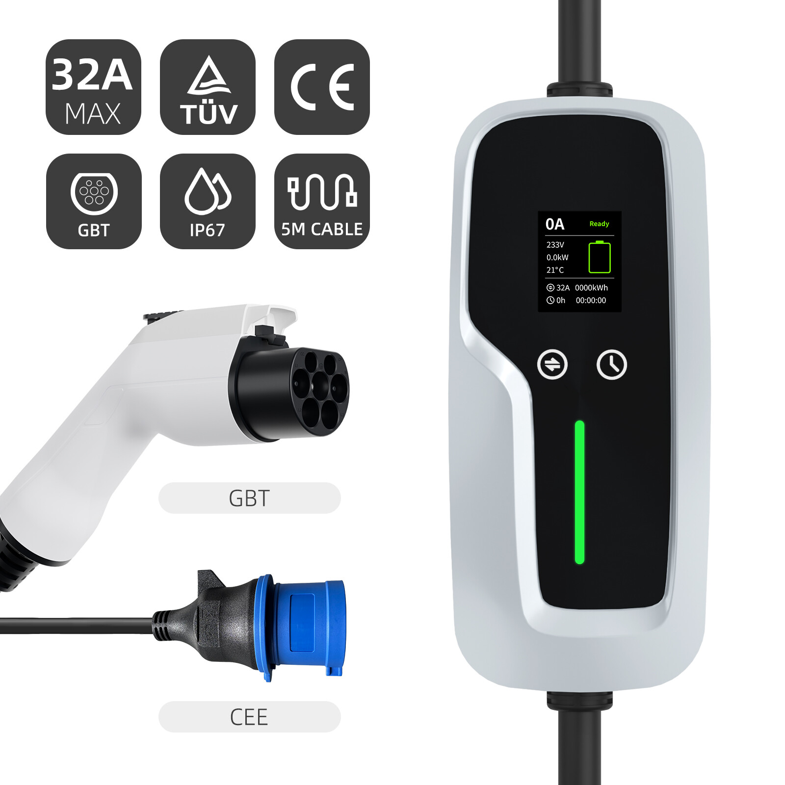 GBT Portable EV Charger 7.4kw with LCD Screen