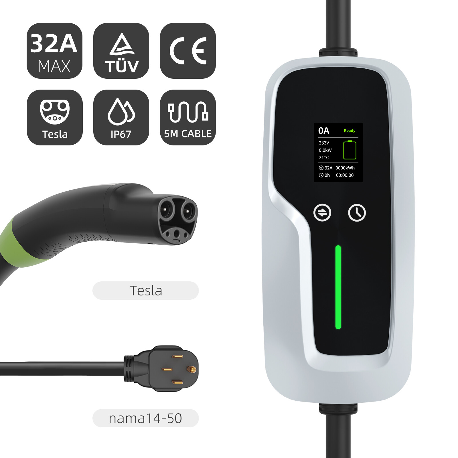 NACS Portable EV Charger 9.6kw with LCD Screen