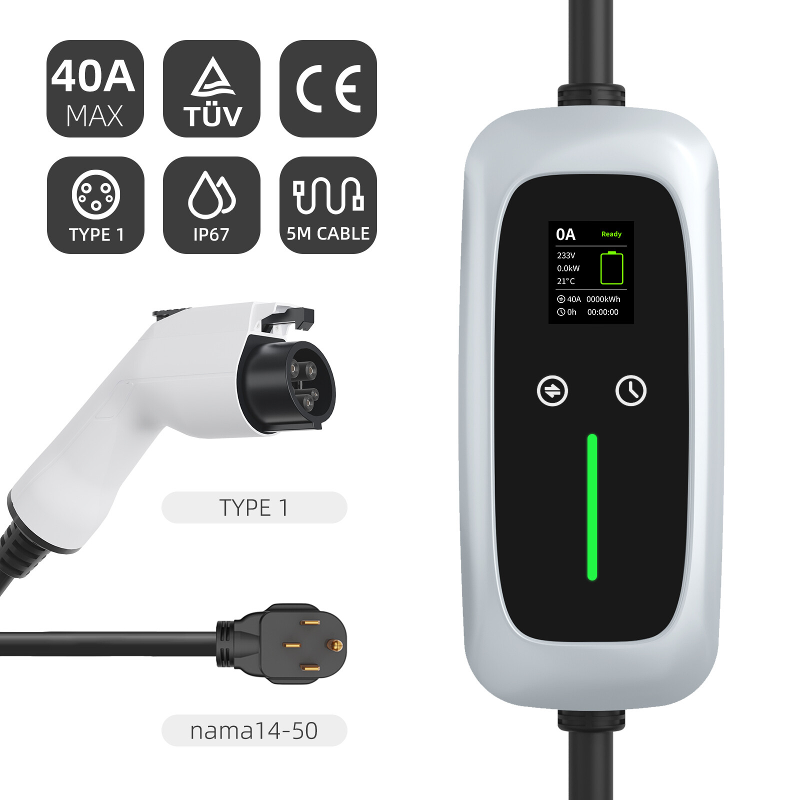 Type 1 Portable EV Charger 7.4kw with LCD Screen