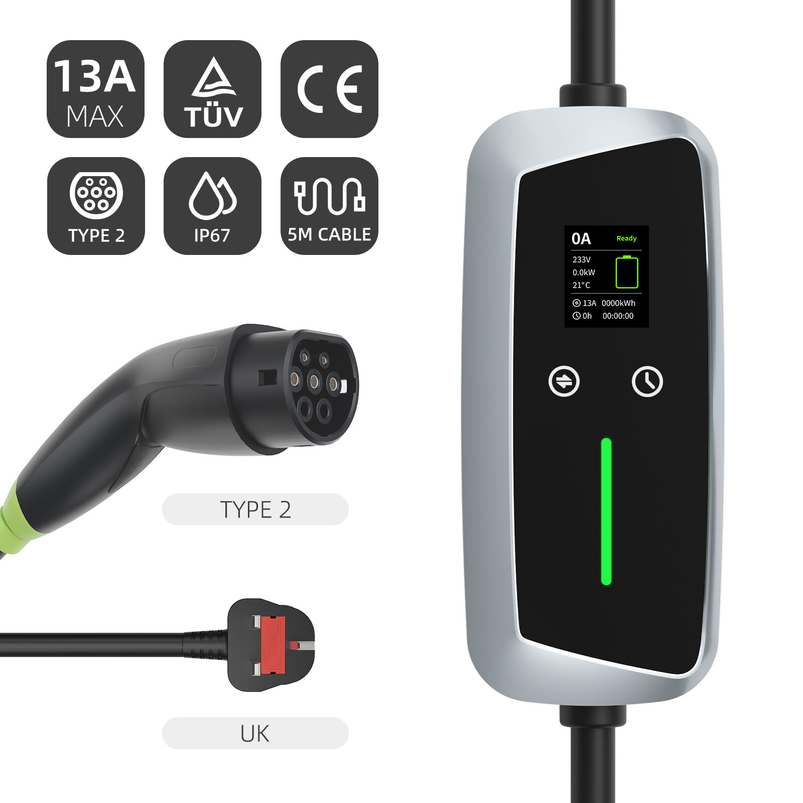 Type 2 Portable EV Charger 7.4kw with LCD Screen