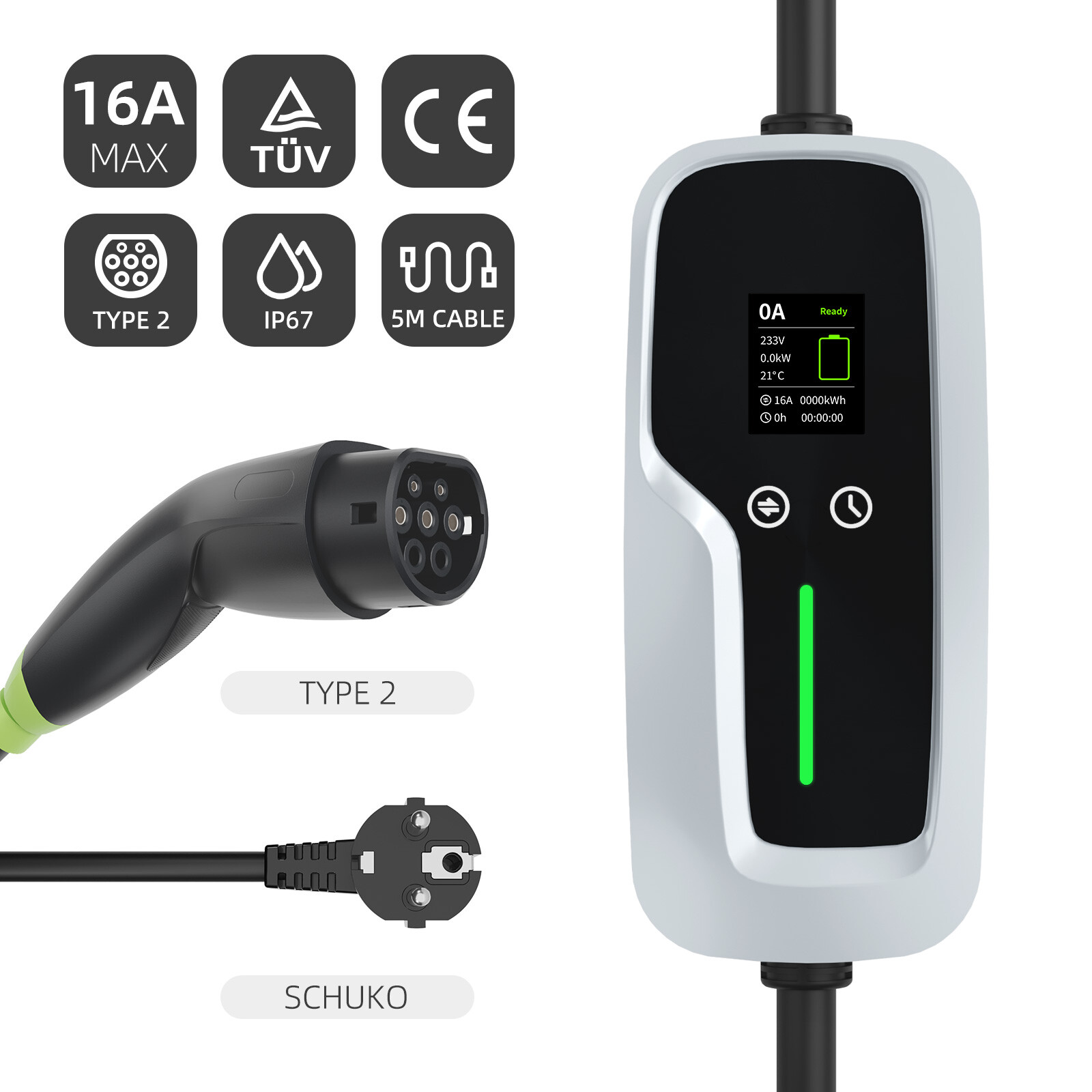Type 2 Portable EV Charger 7.4kw with LCD Screen
