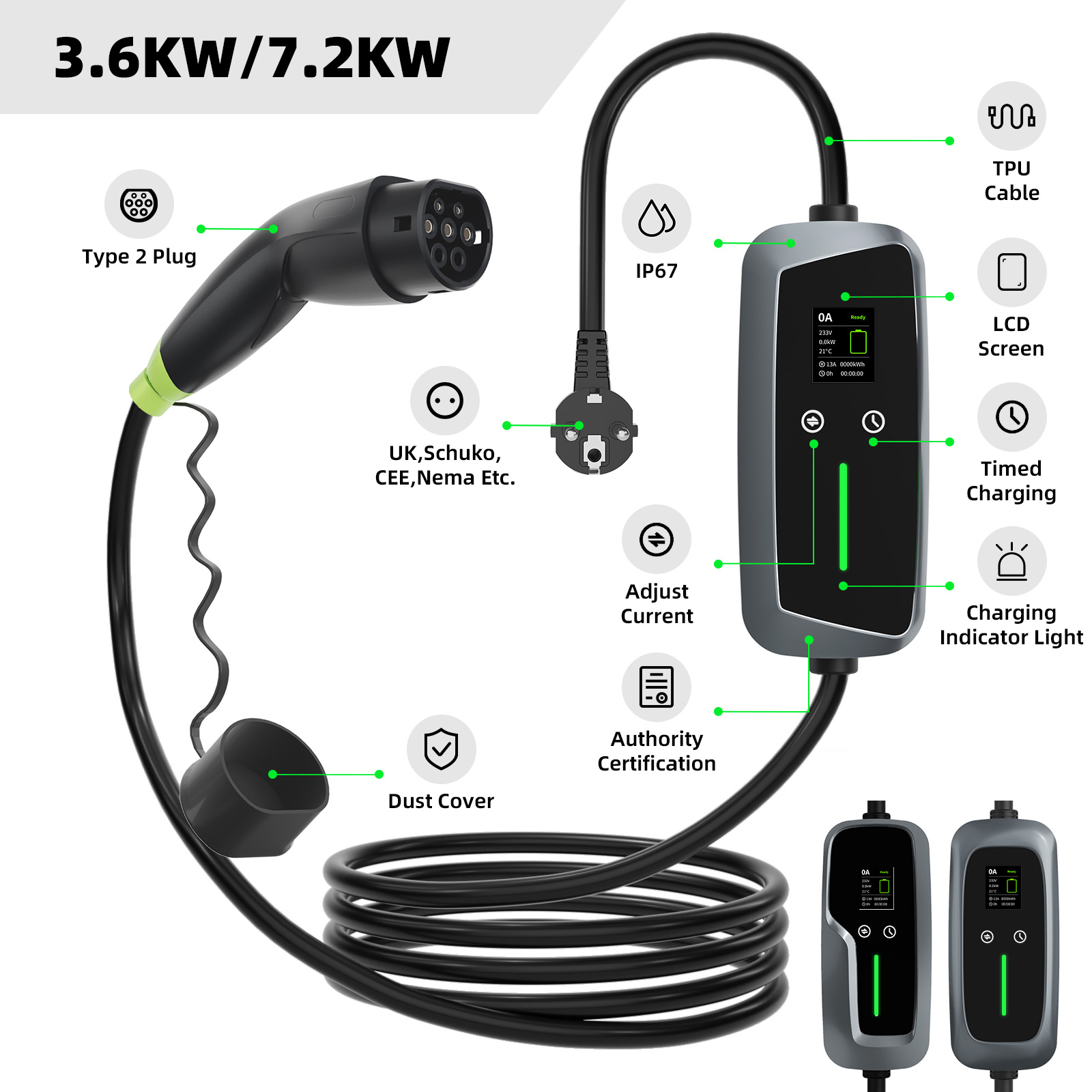 Type 2 Portable EV Charger 7.4kw with LCD Screen