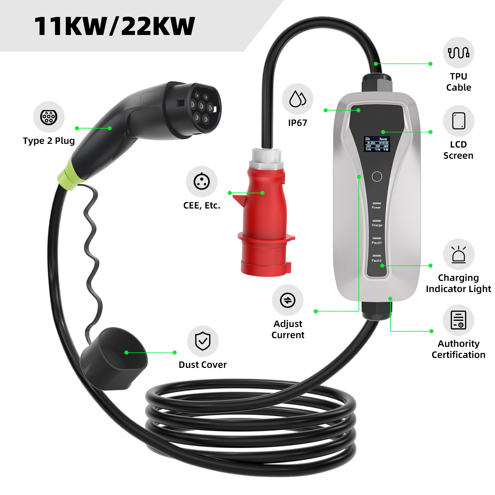 Type 2 22kw 3 phase Portable EV Charger Type 2 22kw 3 phase Portable EV Charger