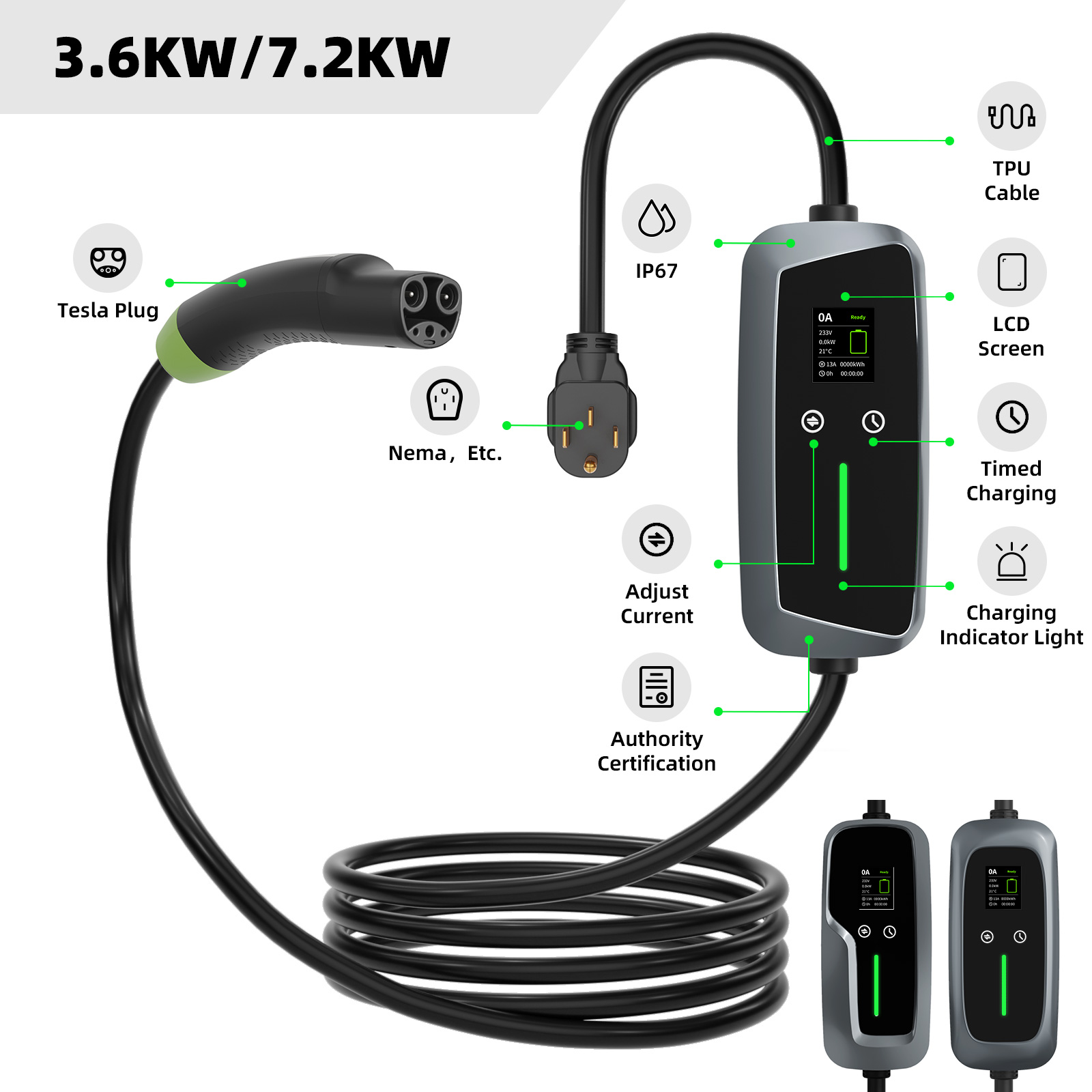 NACS Portable EV Charger 9.6kw with LCD Screen